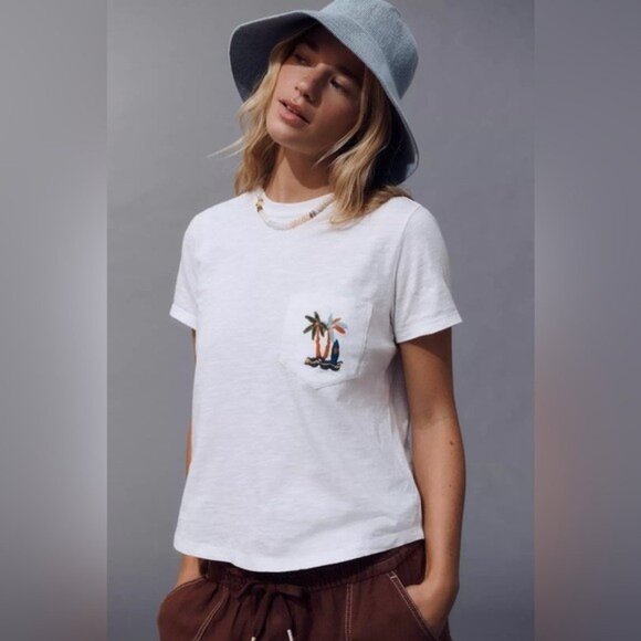 NWT Size XL -Anthropologie 100% Cotton Tee pocket embroidery White - Picture 3 of 16